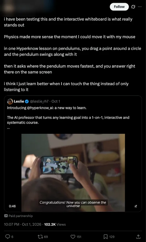 Creator quote post on Hyperknow's launch with the creator's name blurred and X's paid partnership label, 102.2K views