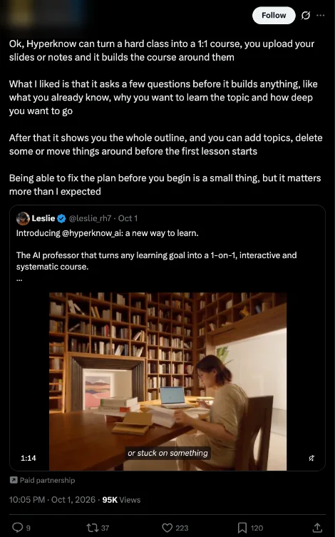 Creator quote post on Hyperknow's launch with the creator's name blurred and X's paid partnership label, 95K views
