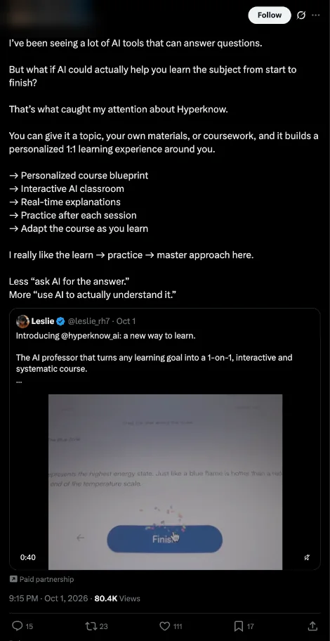 Creator quote post on Hyperknow's launch with the creator's name blurred and X's paid partnership label, 80.4K views