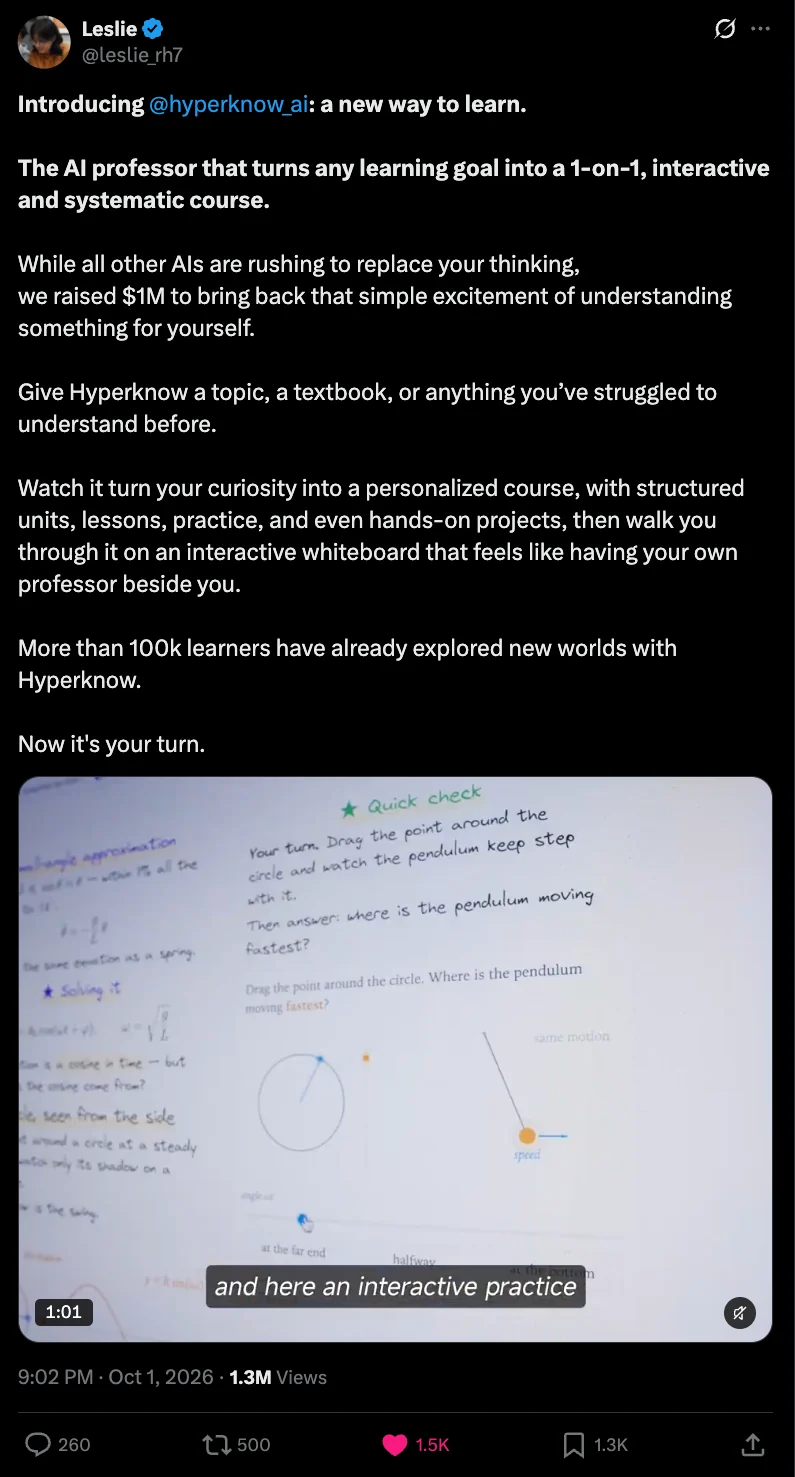 Hyperknow original post screenshot: founder launch post on X (1 Oct 2026, at capture): 1.3M views, 1.5K likes, 1.3K bookmarks.