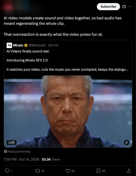 Creator quote post on Mirelo's SFX 2.0 launch with the creator's name blurred and X's paid partnership label, 53.4K views
