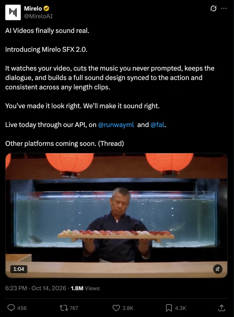 Mirelo original post screenshot: SFX 2.0 launch on X (14 Oct 2026, at capture): 1.8M views, 3.8K likes, 4.3K bookmarks.