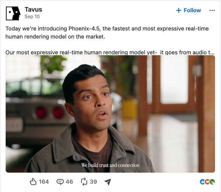 Tavus Phoenix-4.5 launch post on LinkedIn, 164 reactions