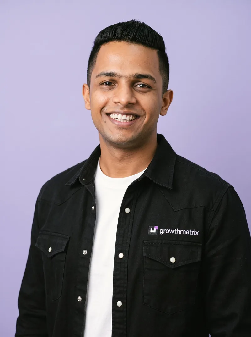 Aakash K., founder of GrowthMatrix, in a GrowthMatrix shirt